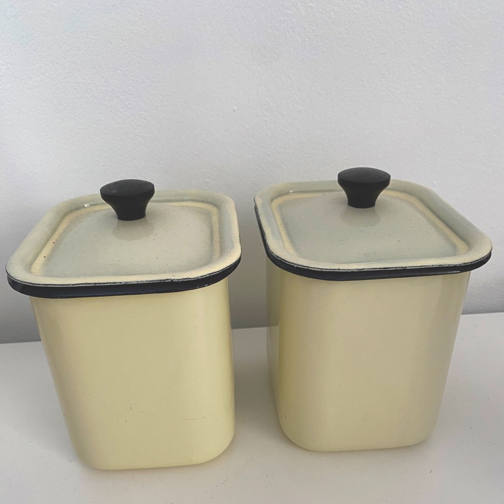 COPY - set of 2 vintage enamelware canisters with lids, cream/ yellow-ish hue a…